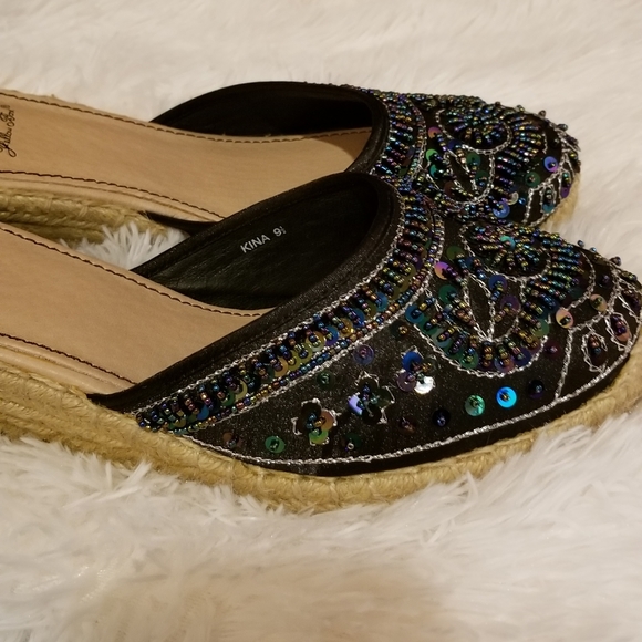 NWOT. Yellow Box Navy Blue Espadrille Beaded Wedge Sandals. - Picture 3 of 7